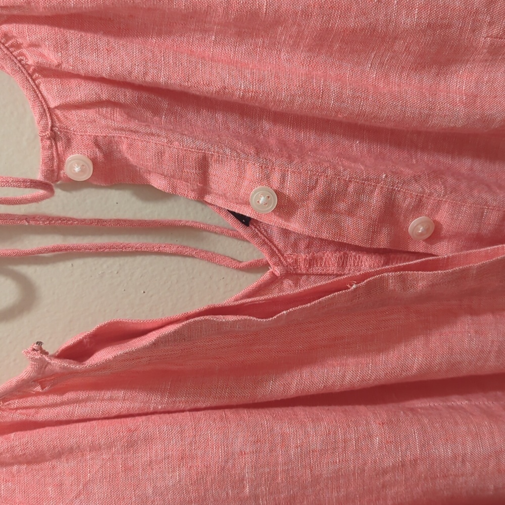 J Crew V-back Linen Top Blouse Pink Puff Short Sleeves Back Tie Button Front- 14 - Picture 9 of 12